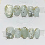 10Pcs Short Handmade Press on Nails Full Cover Flower Cat Eye Green French Ballerina False Nails Manicure Wearable Nail Tips Art