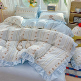 3/4Pcs Bedding Set Korean Princess Ruffle Cute And Whimsical Plaid Cat Cartoon Style Bed Sheets Kawaii Linen 2 Bedroom Cotton
