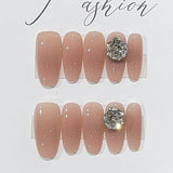 10pcs Glitter Mid-length Oval Handmade Press on Nails Art Nude Color Fake Nails Tips French Leopard Print Cat's Eye False Nail