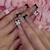 24pcs Glossy French Bowknot Heart Star Design Press on Nails Long Coffin False Nails with Daimonds Black Wearable Stick on Nails