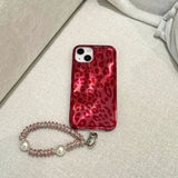 Ripple Texture Red Leo Prints Telephone Line Wrist Chain Case for iPhone 15 14 13 Pro Max Back Phone Cover for 12 Pro Capa