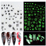 3D Luminous Nail Stickers Decals Black White Spider Web Skull Alien Planet Glow In The Dark Halloween Manicure Foils Tattoo Tips