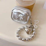 Ribbon Bow Pearl Decoration Case For AirPods 1 2 3 4 Pro 2nd Pro2 Wirelsss Headphones Protective Cover AirPods4 Silver Pendant