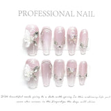 10Pcs Pink Coffin Handmade Press On Nails 3D Rhinestone Fake Nail with Butterfly Full Cover Pearl Wearable Artificial Nail Tips