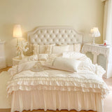 Vintage French Hollow Lace Ruffles 100% Cotton Princess Wedding Bedding Set Duvet Cover Set Bed Skirt Bedspread Pillowcases 4Pcs