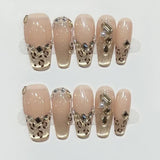 10Pcs Autumn Handmade Press on Nails Brown Leopard Print Design False Nail French Rhinestone Artificial Ballet Wearable Manicure