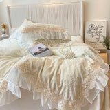 4Pcs Vintage Carved Velvet Lace Ruffles Princess Wedding Bedding Set Queen King Duvet Cover Set Fitted/Flat Sheet Pillowcases