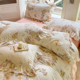 Flower Skin-friendly Bedding Set Class A Washed Cotton Duvet Cover Set Lace Ruffles Quilt Cover Soft Cover Bed Linen Pillowcases