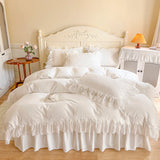 4/6Pcs White Pink 100% Cotton Princess Bedding Set Romantic Chiffon Lace Ruffles Duvet Cover Set Bed Skirt Bedspread Pillowcases