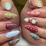 French Almond False Nails Retro Flowers Wearable Hand Drawn Press on Nails for Woman Datachable Full Cover False Nails Tips