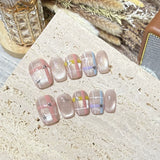 10pcs Colorful Plaid Press on Nails Shiny Cat Eye False Nails Silver Star Nail Cute Sweet Short Square Press on Nails for Girl