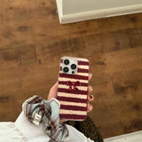 Red stripes autume winter 3d bowknot  cover for iphone 15pro 16promax 16 13pro 12 14 13 15 pro max 14promax rope phone case