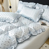 Korean Pink Heart Duvet Cover Sets For Girls New Blue Dot Ruffles Bedding Sets 4PCS Queen Size for Bedroom Guest Room