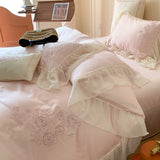 4Pcs Flowers Embroidery Lace Ruffles Princess Wedding Bedding Set Egyptian Cotton Duvet Cover Bed Sheet/Fitted Sheet Pillowcases