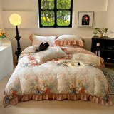 100% Cotton Korean Princess Style Flower Print Ruffles Bedding Set Queen Size Duvet Cover Flat/Fitted Bed Sheet Pillowcases 4Pcs