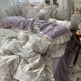 3/4Pcs Korean Princess Style Floral Ruffles Bedding Set Skin-friendly Soft Duvet Cover Set Bed Sheet Or Bed Skirt Pillowcases