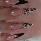 24pcs Long Stilleto Press on Fake Nail Leopard Print Design False Nails with Golden Foil Wearable French Full Cover Nail Art Tip