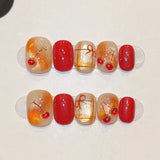 10pcs Handmade False Nail Tip Christmas Cute Red Cat's Eye Short Square Round Press on Nails Art Snowflake Tree Design Fake Nail