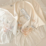 Rose Flowers Embroidery Lace Ruffles Bedding Set Lyocell Cotton Soft Silky Cooling Duvet Cover Flat/Fitted Bed Sheet Pillowcases