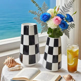 Minimalist Style Black And White Checkered Ceramic Flower Vase, Decorative Plant Pot For Home Bedroom, Living Room, Dining Table