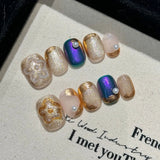 10Pcs Retro Handmade Cat Eye Press on Nails Full Cover Flower Short Blue French Ballet False Nails Artificial Wearable Manicure