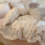 4Pcs Korean Princess Style Floral Ruffles 100% Cotton Bedding Set Queen King Size Duvet Cover Bed Sheet/Fitted Sheet Pillowcases
