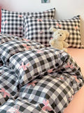Ikeehome  2pcs Black & White Gingham Pillowcase Set with Pink Bow Print, Soft Cotton Blend for Dorm or Bedroom