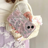 Korea Laser 3D Pink Bow Beads Phone Case for iPhone 16 15 14 13 16 Pro Max Floral Shell Girl Clear Soft Silicone Back Cover