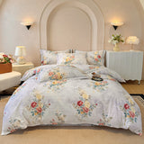 100% Cotton Bedding Set Brushed Gradient Stripes Duvet Cover Flowers Sheet Set King Queen Affordable Luxury for Bedroom Decor