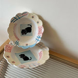 Cream Cheese Hand Drawn Patchwork Plaid Bow Cat Dessert Ceramic Bowl and Plate Gift Tableware