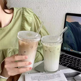 Glass Coffee Mug with Straw Transparent Straw Glass Mug with Lid Household Vertical Stripe Water Mug Drinkware
