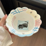 Cream Cheese Hand Drawn Patchwork Plaid Bow Cat Dessert Ceramic Bowl and Plate Gift Tableware