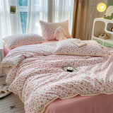 INS Girls Cherry Soft Bedding Set Washed Cotton Bed Sheet Queen King Size Duvet Set Flower Comforter Set Pillowcase Bed Linens