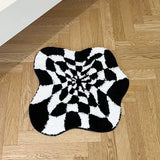 Abstract 3D Illusion Checkered Cloud Shape Tufted Rug - Handmade Modern Black and White Design - Fluid Art Porch Carpet
