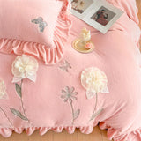 Flowers Embroidery Ruffles Thickened Soft Warm Velvet Bedding Set Queen King Size Plush Duvet Cover Set Bed Sheet Pillowcases