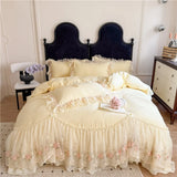 Princess Wedding Bedding Set Korean Style Lace Flowers Embroidery Duvet Cover Bed Sheet/Fitted Sheet/Bed Skirt Pillowcases 4Pcs