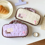 Quilted Pencil Case with Star and Polka Dot Appliques, Heart-Shaped Buttons, Large Capacity Student Stationery Bag, Dual-Use Mak