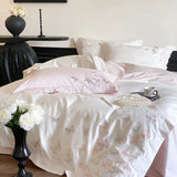4Pcs White/Pink Luxury Butterfly Embroidery Bedding Set 1000TC Egyptian Cotton Duvet Cover Bed Sheet/Fitted Sheet Pillowcases