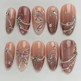 24pcs Flower Butterfly Design False Nails Art Summer Sweet Colorful Smudge Almond Full Cover Nail Rhinestone Press on Fake Nails