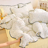 Heart Print Duvet Cover Set Princess Style Lace Ruffles Bedding Set Queen King Skin Friendly Soft Quilt Cover Sheet Pillowcases