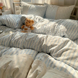 Striped Princess Bedding Set INS Nordic Girls Soft Washed Cotton Bed Flat Sheet Twin Queen Size Duvet Set Pillowcase Bed Linens