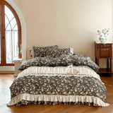 Vintage French Floral Pleated Lace Bedding Set Double Layer Crepe Yarn Pure Cotton Duvet Cover Flat/Fitted Bed Sheet Pillowcases
