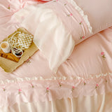 Korean Princess Style Lace Ruffles Rose Embroidery Wedding Bedding Set Duvet Cover Set Flat/Fitted Bed Sheet Pillowcases 4Pcs