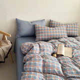 New plaid printing skin-friendly and comfortable double-layer yarn small fresh printing four-piece set, dormitory