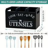 Kitchen Utensil Rack with Three Compartments Rustic Wooden Storage Box Vintage Tableware Farmhouse Dish Cabinet Forks Spoo