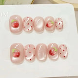10pcs Summer Fruits Press on Nails Cat Eye False Nails Short Square Handmade Fake Nail Polka Dots Nails Strawberry Flower Nail