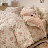 3/4Pcs Vintage French Fresh Floral Lace Ruffles 100% Cotton Bedding Set Duvet Cover Bed Skirt/Bed Sheet/Fitted Sheet Pillowcases
