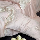 600TC Lyocell Bamboo Fiber Soft Silky Bedding Set Flowers Embroidery Lace Duvet Cover Flat/Fitted Bed Sheet Pillowcases 3/4Pcs