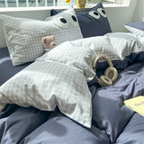 Cute Big Eyed Four Piece Set Plaid Duvet Cover Set With Sheet Bedroom Decor Skin Friendly Single Double Bedding Set Home Textile