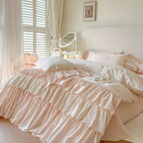 Luxury Princess Style Pink 100% Cotton Bedding Set Ruffles Bed Cover Set Soft Comforter Cover Set Bed Sheet Pillowcases 4Pcs